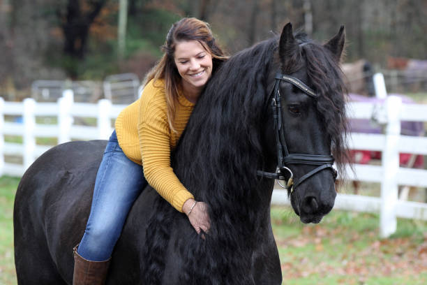 bareback райдер и ее фризской лошади - bareback стоковые фото и изображения