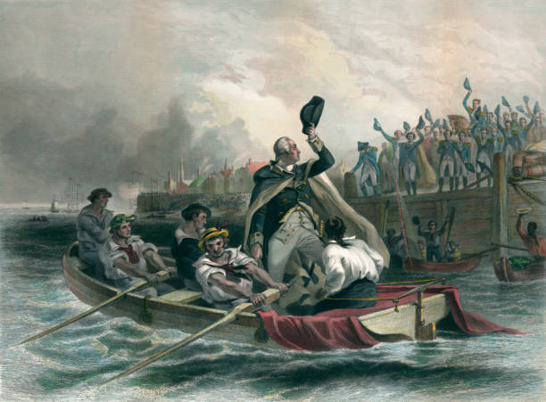 George Washington’s Farewell to his Generals Vintage illustration depicts General George Washington leaving Whitehall Ferry on December 4, 1783, to the cheers and waves of his officers. Earlier that day, Washington left his fellow generals, Knox, Steuben, Greene, and then-Colonel Hamilton, at New York's famed Francis Tavern where he informed them that he will be resigning his commission and returning to civilian life. However, in 1789, Washington was coaxed out of retirement and elected as the first president of the United States, a position he held until 1797. us president stock illustrations