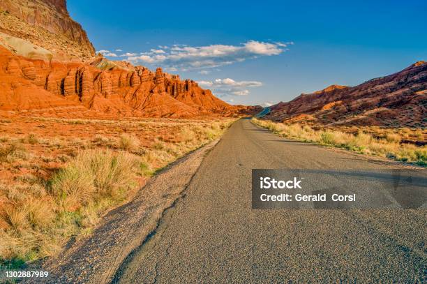 Capitol Reef Scenic Drive Road In Capitol Reef National Park With Wingate Chinle And Moenkopi Rock Formations Utah Stock Photo - Download Image Now