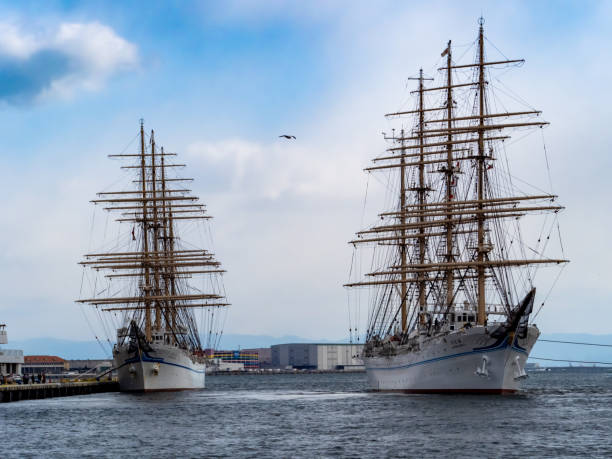 Caption\nKobe, Japan – 18/Feb./2021 :  These two Sailing Ships are NIPPON-Maru and KAIWO-Maru, and they are representative Sailing ships in Japan. They belong \