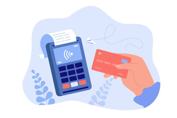 Hand holding debit or credit card for payment Hand holding debit or credit card for payment flat vector illustration. Cartoon unrecognizable buyer paying on contactless terminal. Digital transaction and wireless transfer concept paying stock illustrations