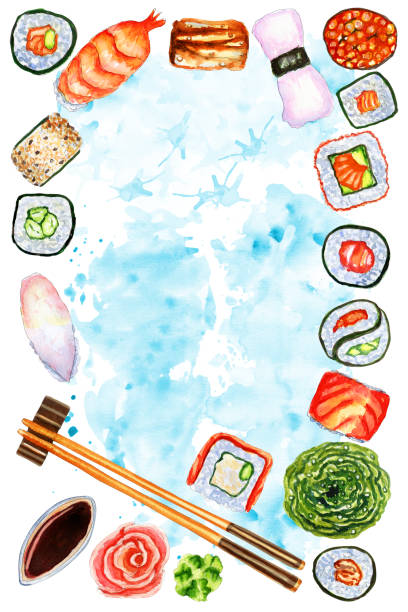aquarell vertikale zusammensetzung mit traditionellen japanischen speisen - chopsticks soybean japanese cuisine blue stock-grafiken, -clipart, -cartoons und -symbole