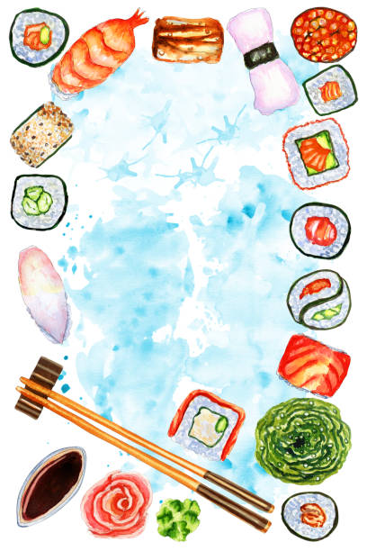 일본 전통 음식과 수채화 수직 조성 - chopsticks soybean japanese cuisine blue stock illustrations