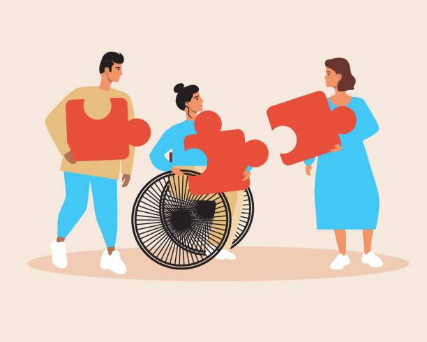 istock Volunteer work, disabled person with puzzle isolated, flat vector stock illustration as a concept of volunteer work, inclusiveness, disability 1302891356