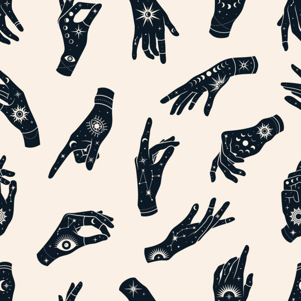 Vector seamless pattern of hands with signs magic eyes, constellations,  sun, phases of moon and stars. Vector seamless pattern of hands with signs magic eyes, constellations,  sun, phases of moon and stars. Mystical esoteric trendy background for design of fabric, packaging, phone case, notebook covers, astrology, wrapping paper. magic eye pattern stock illustrations