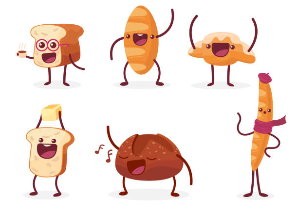 ilustrações de stock, clip art, desenhos animados e ícones de funny bread set - toast coffee