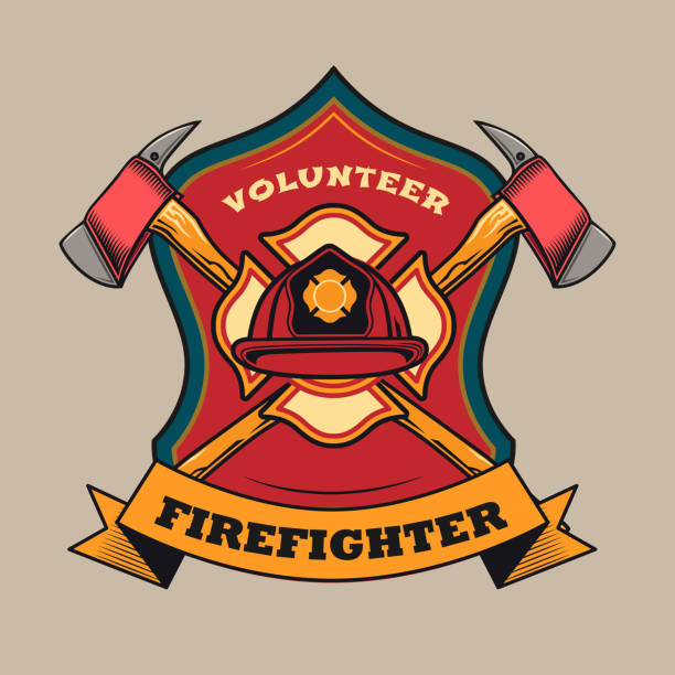 Trendy badge with red protective helmet and crossed axes Trendy badge with red protective helmet and crossed axes vector illustration. Colorful label for volunteer firefighters. Emergency and firefighting concept can be used for retro template firefighter shield stock illustrations