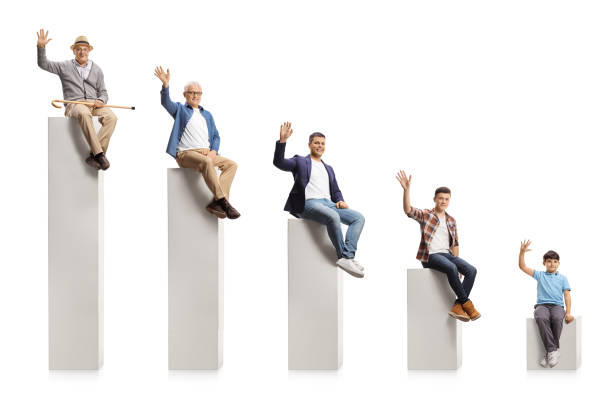 istock Young and elderly men sitting on a graph chart and waving at camera 1302896448