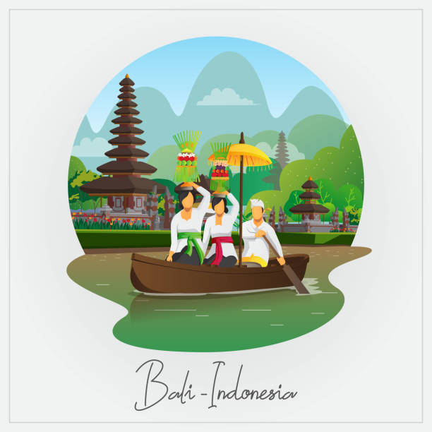 ilustrações, clipart, desenhos animados e ícones de bem-vindo ao cartão de saudação de bali com as pessoas de barco com equipamento de cerimônia galungan - balinese culture