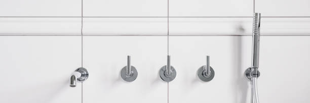 istock Silver bathtub faucet in wall, panorama 1302896804