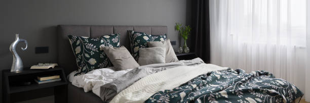 istock Elegant and stylish bedroom, panorama 1302896809