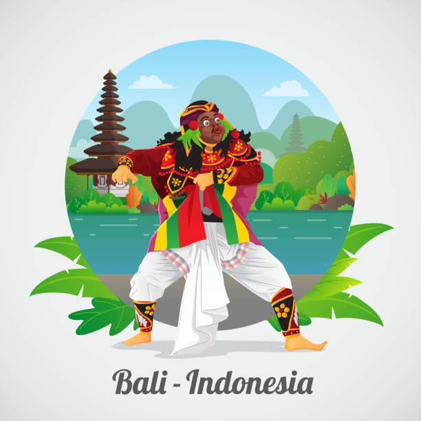 illustrazioni stock, clip art, cartoni animati e icone di tendenza di benvenuti al biglietto d'auguri di bali con balinese mask dancer - rangda