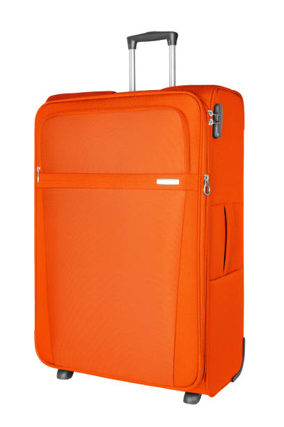 istock Orange fabric travel suitcase with zipper, handle, lock white background isolated close up side view, large red cloth baggage case, big textile luggage trolley bag, summer holidays, tourism, vacation 1302897075