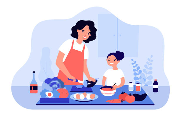 Happy mom and daughter cooking vegetables together Happy mom and daughter cooking vegetables together isolated flat vector illustration. Cartoon mother and kid making dinner in aprons. Healthy food and motherhood concept woman making healthy dinner stock illustrations