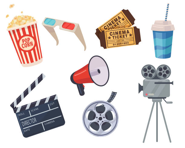 illustrazioni stock, clip art, cartoni animati e icone di tendenza di set di elementi cinematografici - movie time