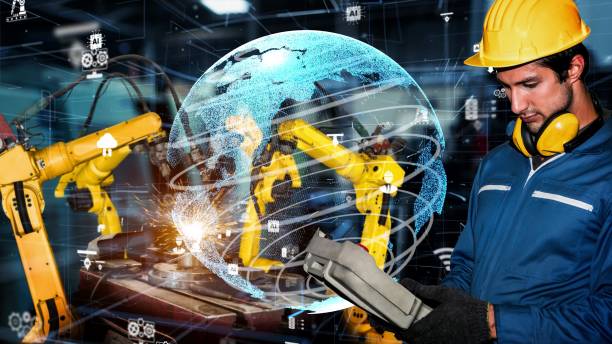 istock Smart industry robot arms modernization for digital factory tech 1302899706