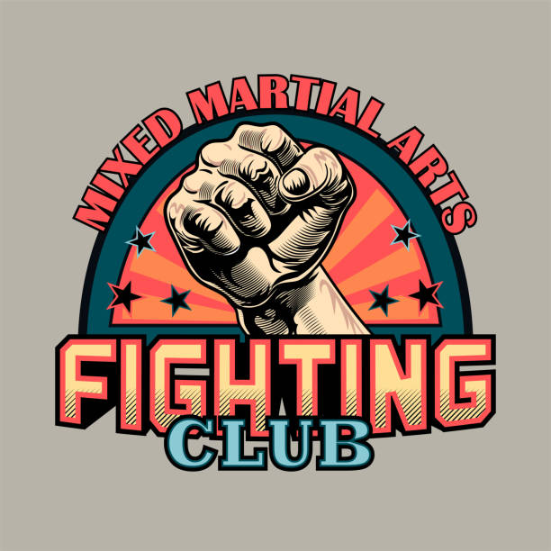 Colored stylish emblem for mixed martial arts Colored stylish emblem for mixed martial arts. Creative design elements with human fist and text in trendy label. Sport activity or MMA concept for fighting club stamp, label, sign template wrestling logo stock illustrations