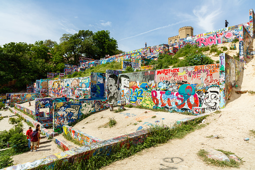 Austin, Texas USA - April 8, 2016: Colorful graffiti on the walls of the popular Hope Outdoor Gallery on Baylor Street near downtown Austin.