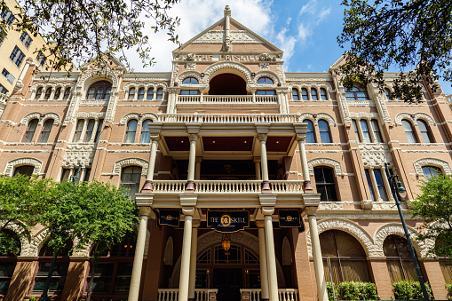 Austin, Texas USA - April 14, 2016: The historic Driskill Hotel built in 1886 and located on Brazos Street in downtown is a popular tourist destination.