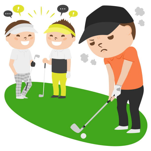 ilustracja golfowa. kiedy człowiek uderza w piłkę golfową. irytujący ludzie. - rules of golf stock illustrations