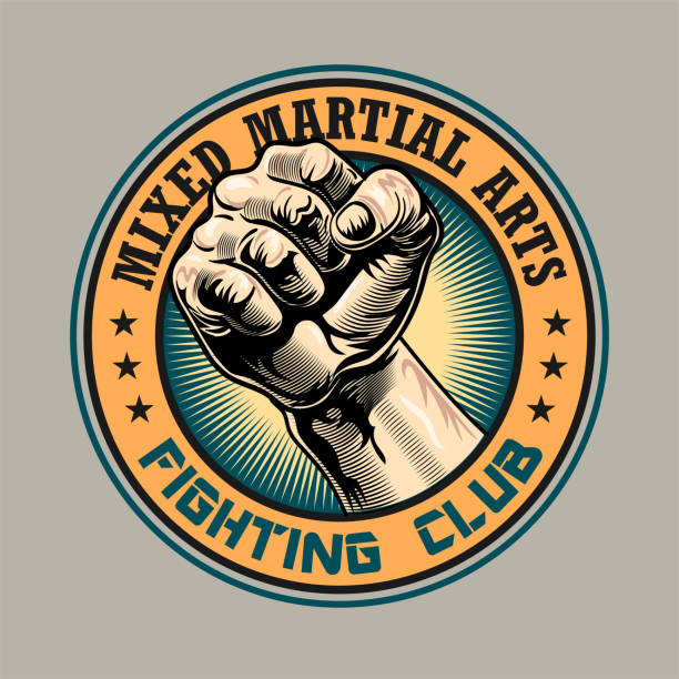 Round emblem with human fist vector illustration Round emblem with human fist vector illustration. Colorful retro label for fighting club. Sport activity or mixed martial arts concept can be used for retro template, banner or poster wrestling logo stock illustrations