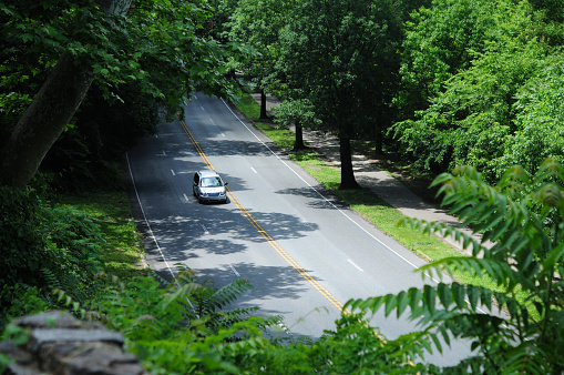 Two lane road with one car, tree framed