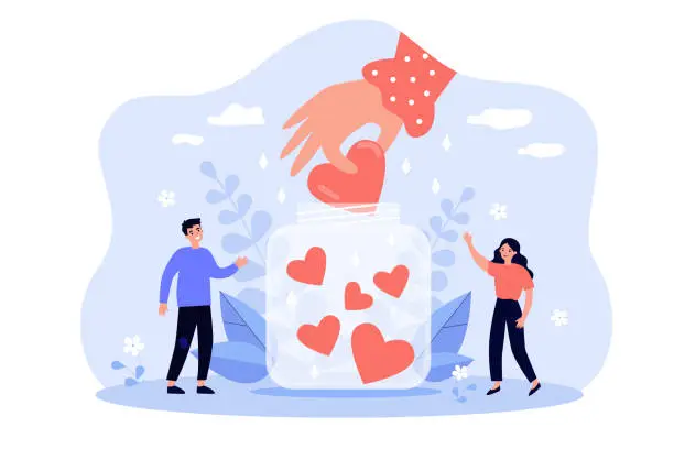 Vector illustration of Happy tiny people collecting hearts in jar