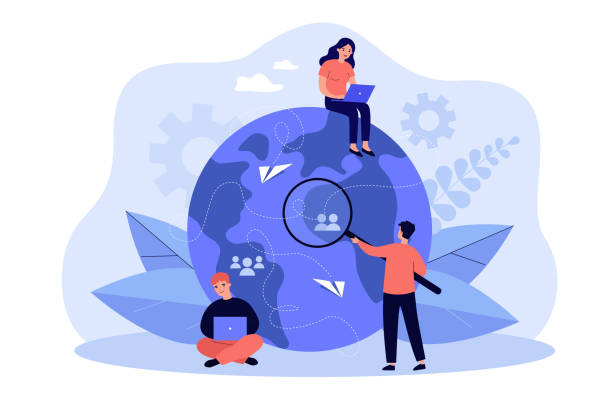 Tiny people working from different countries Tiny people working from different countries isolated flat vector illustration. Cartoon idea of teamwork, investment and tech business process. Outsourcing and recruitment concept outsourcing stock illustrations