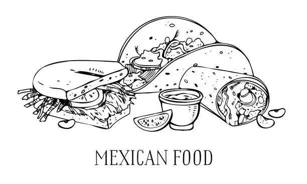 Vector illustration of Mexican food composition. Tortilla, burrito, mole, torta. Hand drawn outline vector sketch illustration black on white background