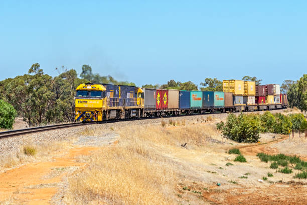 pacific national interstate container frachtzug mit geschwindigkeit in der landschaft - land vehicle rail freight locomotive australia stock-fotos und bilder