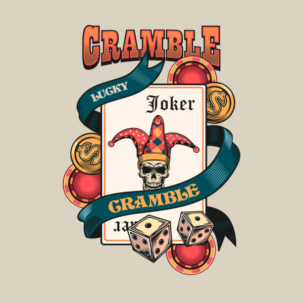 Card with joker skull Card with joker skull. Colorful isolated element with dead skeleton head in fools cap, chips, dices, cash vector illustration. Gambling or casino concept for symbols and emblems templates poker card tattoos stock illustrations