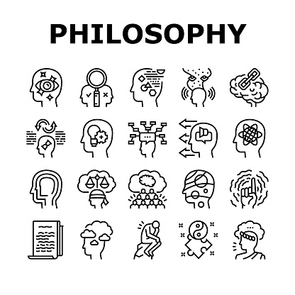 Philosophy Science Collection Icons Set Vector. Social Philosophy And Logic, Aesthetics And Ethics, Metaphilosophy And Epistemology Black Contour Illustrations