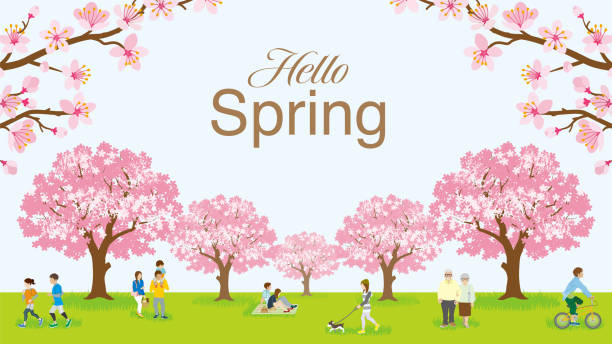 お花見を楽しむ人たち - 「ハロースプリング」という言葉が含まれています - cherry tree fruit tree meadow spring点のイラスト素材／クリップアート素材／マンガ素材／アイコン素材