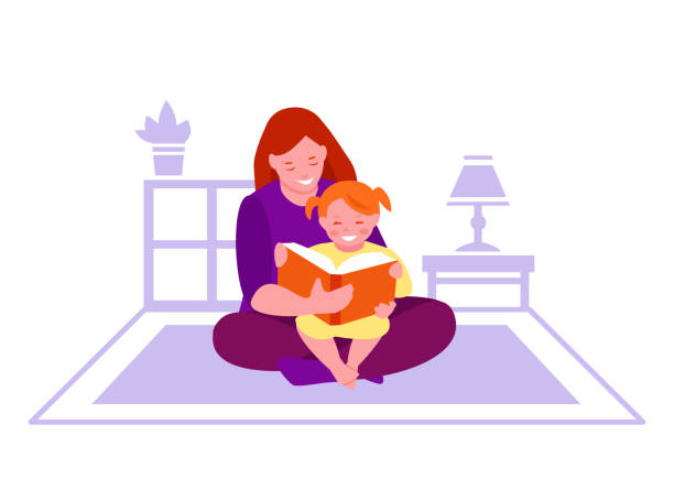 ilustraciones, imágenes clip art, dibujos animados e iconos de stock de mamá lee un libro a su hija en la habitación. una niña se sienta en el regazo de su madre. ilustración vectorial en estilo de dibujos animados planos. aislado sobre un fondo blanco. - child book reading offspring