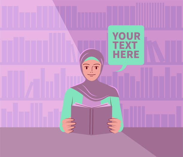 bildbanksillustrationer, clip art samt tecknat material och ikoner med vacker ung kvinna med hijab läser en bok i biblioteket; sluta aldrig lära dig; att investera i dig själv; kunskap är makt - iranian girl