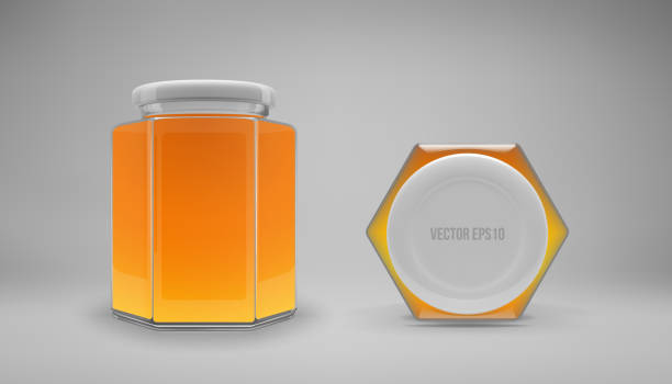 istock Hexagon glass honey jar with a lid. Realistic 3D illustration. Vector 1302920042