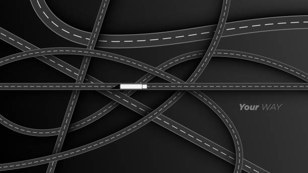 widok z góry na skrzyżowanie dróg i autostrad, skrzyżowania i wiadukty na ilustracji wektorowej. - powyżej stock illustrations