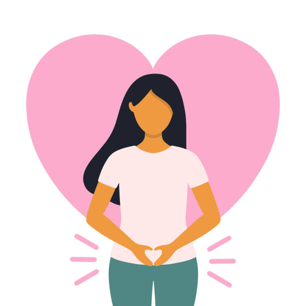 ilustrações de stock, clip art, desenhos animados e ícones de woman health concept vector illustration isolated on white background. standing woman with heart shaped hands in front of big heart. - abdomen gynecological examination women loving