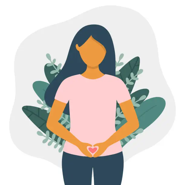 Vector illustration of Woman with heart shaped hands on belly flat vector illustration isolated on white background. Woman's abdomen health concept.