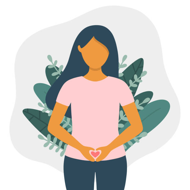婦女與心臟形狀的手在腹部  平向量插圖孤立在白色背景。女性腹部健康概念。 - 衛生 插圖 幅插畫檔、美工圖案、卡通及圖標