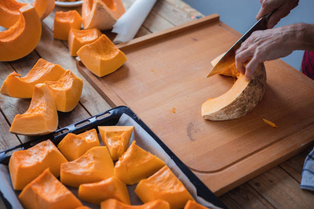 Pumpkin cut into pieces, close-up