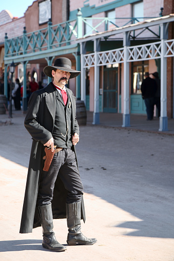 Tombstone, Arizona, USA - February 3, 2008: The actor stands on the street playing Wyatt Earp, Sheriff of Tombstone