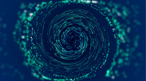 Data swirl abstract vector background. Ai spin vortex. Orbit warp speed flow.