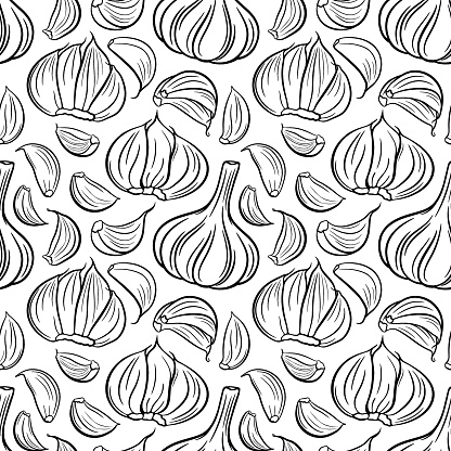 Vector seamless pattern with garlic bulb and garlic cloves.