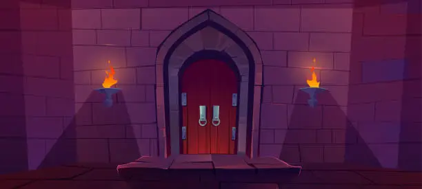 Vector illustration of Wood door in medieval castle or dungeon