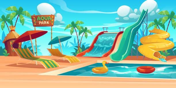 аквапарк с бассейном и водными горками - открытый бассейн stock illustrations