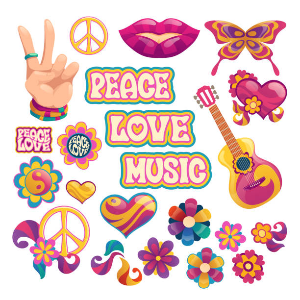 Hippie icons, signs of peace, love and music Hippie icons, signs of peace, love and music. Vector cartoon set symbols of hippy culture with hearts, flowers, guitar, hand gesture and smile lips isolated on white background hippie fashion stock illustrations