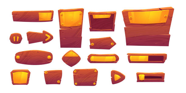 istock Game buttons of wooden and gold cartoon texture 1302925835