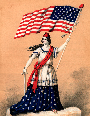 Vintage illustration shows Columbia, the female national personification of the United States, with sword and American flag.