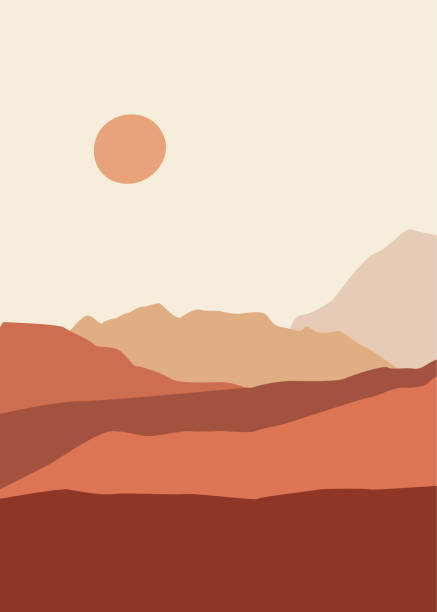 istock Abstract landscape illustration. Mountains, sun, moon, sunset, desert, hills minimalist design. Trendy mid century art, boho home decor, wall art. 1302925959